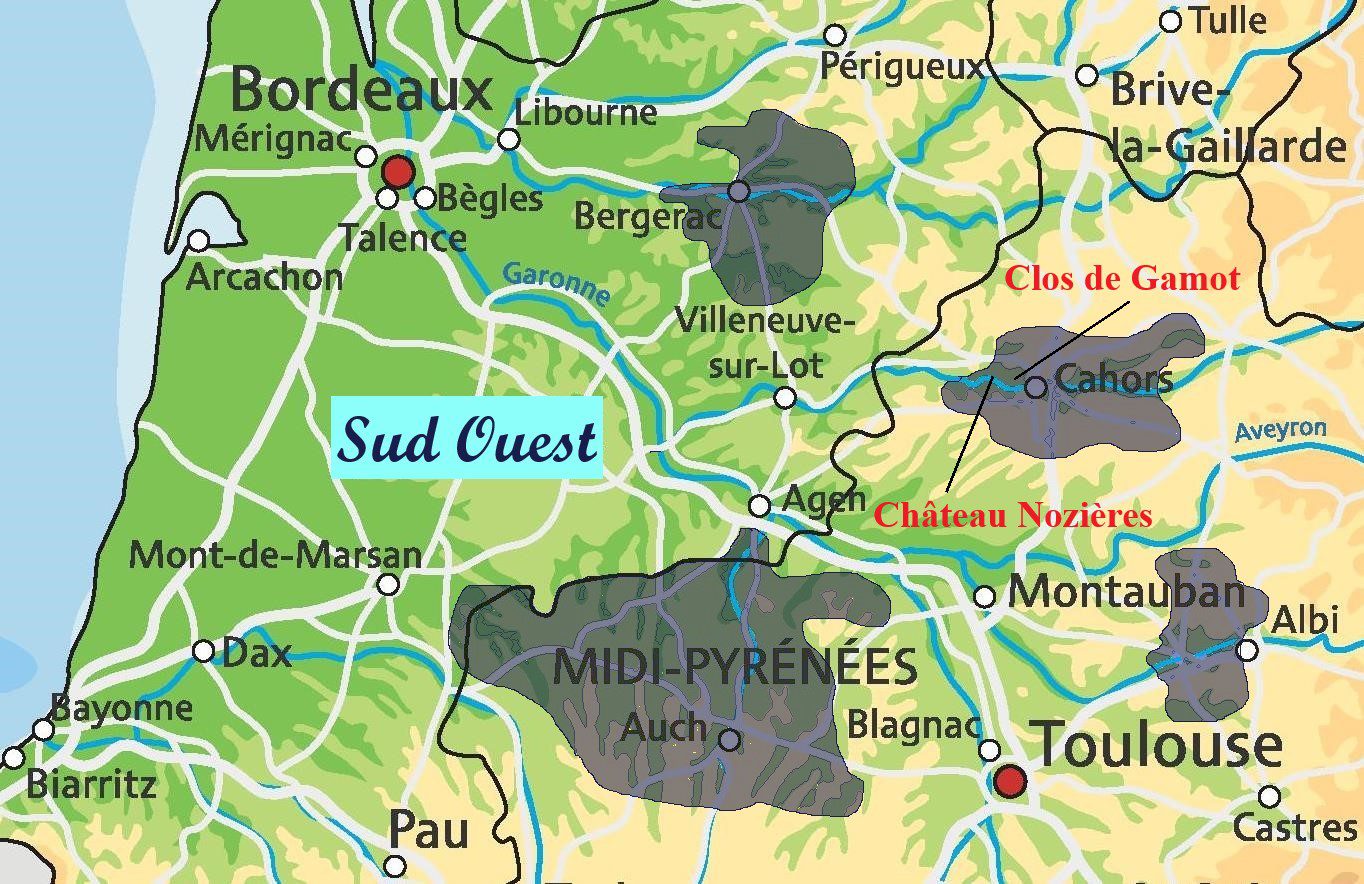 Karte der Weinberge im Südwesten Frankreichs
