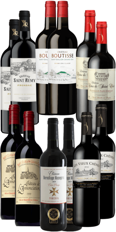 Saint-Émilion Grand Cru Classé, Pomerol, Fronsac, Puisseguin Saint-Émilion und Lussac Saint-Émilion- sechs Topweine im Bundle